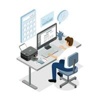 Businessman working on invoice on computer concept. Isometric vector. vector