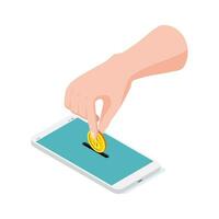 Isometric human hand puts dollar coin in smartphone. vector