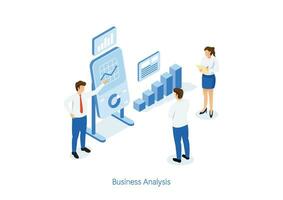 isométrica diseño estadístico y datos análisis para negocio Finanzas inversión concepto con negocio personas equipo trabajando grafico panel. vector