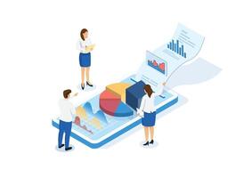 Data analysis, financial statement, business revenue or investment budget with marketing profit, tax, budget or marketing strategy, isometric businessman and pie chart data report on smartphone vector