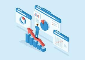 isométrica empresario en pie en flecha trabajando para datos analítica y supervisión en web reporte tablero monitor y negocio finanzas. ilustrador vector