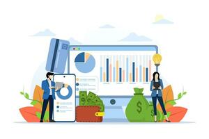 financiero administración plano diseño concepto. datos análisis con caracteres. personas quien conducta mercado investigación, trabajo con gráficos y gráficos, analizar informes. plano vector ilustración en blanco antecedentes.