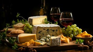 Plate with delicious snacks with cheese, fruits and wine photo