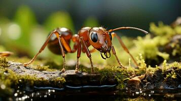 A small red ant crawls on green grass, close view of the insect photo