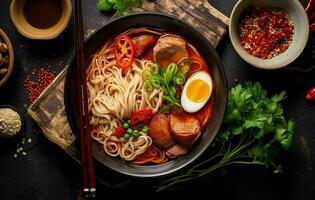 thai style noodle soup and red pork on table. generative ai. photo