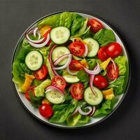 Healthy green salad with fresh tomato, cucumber, red onion and lettuce in bowl on dark stone background. Top view. generative ai. photo