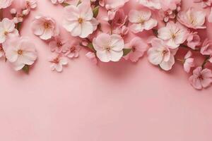 pink flowers in flatlay on pink background with copy space, top view. generative ai. photo