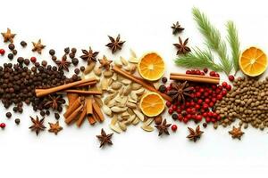 Christmas tree with cones, Christmas decorations on a white background.  copy space top view. generative ai. photo