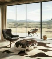 AI Generated. AI Generative - Natural Elegance - Luxurious Leather Chair and Organic Cowhide Rug Amidst Scenic Serenity photo