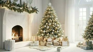 AI Generated. AI Generative - Envision a Heartwarming Christmas Scene with a Festive Tree, Cozy Fireplace, and Presents in a Charming House photo