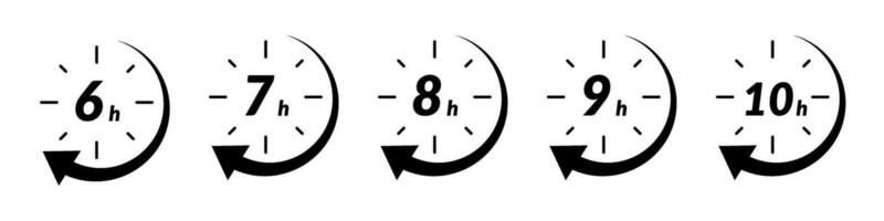 Hour icon with 6 and 7 clock formats, for 9h or 8h fast delivery and special day sales. Includes timer, arrow, and open effects. Flat vector illustrations isolated in background.