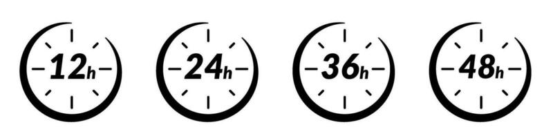 12 and 24-hour clock icon .48h and 72h fast delivery timer. Special day sales with 24h and 36-hour logos, open arrow effects for time display. Flat vector illustrations isolated in background.