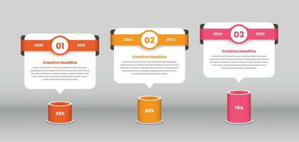 Three step business data presentation infographic template with fold ribbon shape and cylinder vector