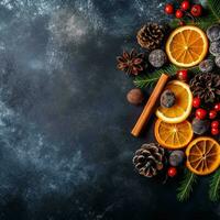 Christmas tree with cones, Christmas decorations on a dark background.  copy space top view. generative ai. photo