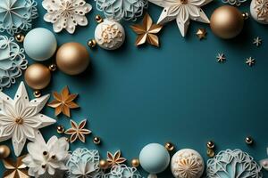 Christmas tree toys background. Blue, gold, white balls and stars on white background top view. generative ai photo