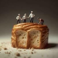 Close up miniature people many of worker man working on whole grain bread background,team work concept. Generative Ai. photo