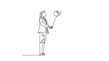 Animated self drawing of continuous line draw attractive business woman and architect builder wearing construction vest helmet handshake to deal project. Great teamwork. Full length one line animation video
