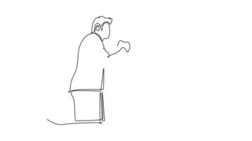Self drawing animation of single line draw young business man handshake his partner or colleague to deal a big project. Business meeting cooperation concept. Continuous line draw. Full length animated video