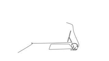 animiert selbst Zeichnung von kontinuierlich Linie zeichnen glücklich jung Geschäftsmann machen Handschlag Geste zu seine Kollege beim Büro. Erfolg Geschäft Treffen Performance Konzept. voll Länge Single Linie Animation video