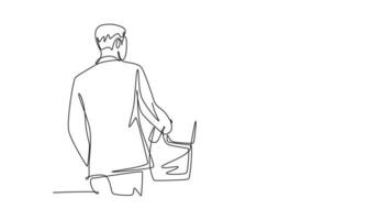 Animated self drawing of continuous line draw business man handshake his colleague or partner to deal big project. Successful business meeting or cooperation concept. Full length single line animation video