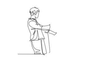 Self drawing animation of single line draw group of business man and woman holding hand together as great team. Business teamwork. Happy successful employee. Continuous line draw. Full length animated video