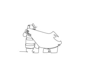 Self drawing animation single line draw teamwork builder and architect wearing construction vest, helmet looking for building design on blue print together. Continuous line draw. Full length animated video