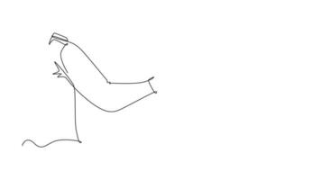 selbst Zeichnung Animation von Single Linie zeichnen zwei Männer tragen Hemd Händeschütteln zu Show Sportlichkeit beim Spiel Feld. Zusammenarbeit zusammen im Spiel Sport Konzept. kontinuierlich Linie ziehen. voll Länge animiert video