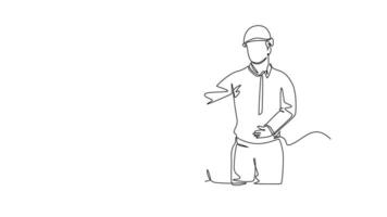 Self drawing animation of single line draw builder and architect wearing construction vest and helmet handshake joining their hands together. Great teamwork. Continuous line draw. Full length animated video