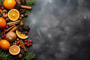 Christmas tree with cones, Christmas decorations on a dark background.  copy space top view. generative ai. photo