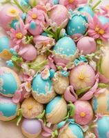 AI Generated. AI Generative - Embracing the Whimsical Beauty of Decorated Eggs and Blooming Spring Flowers with a Macro Lens photo