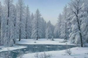 ai generado. ai generativo - un mágico escena de cubierto de nieve arboles y un congelado lago, abrazando de invierno encanto foto
