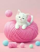 ai generado. ai generativo - juguetón gatito - un encantador 4k estilo boceto ilustración de un linda gato disfrutando un rosado lana pelota aventuras foto