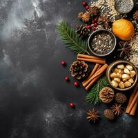 Christmas background with copy space and festive decorations on dark grunge background. Generative Ai. photo