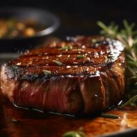 A steak on a cutting board with herbs and spices. generative ai. photo