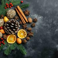 Christmas tree with cones, Christmas decorations on a dark background.  copy space top view. generative ai. photo