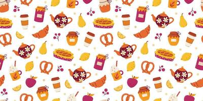 Seamless breakfast pattern with pie, jam, lemon. Tea party, home comfort with coffee and sweets. Vector background