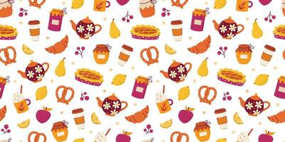 Seamless breakfast pattern with pie, jam, lemon. Tea party, home comfort with coffee and sweets. Vector background