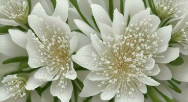 AI Generated. AI Generative - Delicate Beauty of Small White Flowers Unveiled through Macro Lens Magic photo