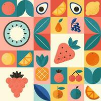 Abstract geometric pattern with various fruits in Bauhaus style. Retro grid background. Vintage multicolor mosaic tile with geometric shapes. Texture for textile, cover, web design, menu, restaurant. vector