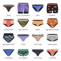 isolated colorful panties for women. Female underwear types, wardrobe lingerie and underpants models. Vector set. Various collection.