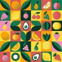 Abstract geometric pattern with various fruits in Bauhaus style. Retro grid background. Vintage multicolor mosaic tile with geometric shapes. Texture for textile, cover, web design, menu, restaurant. vector