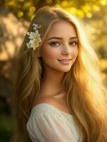 AI Generated. AI Generative - Young and Beautiful Girl Radiating Charm in Nature's Embrace photo