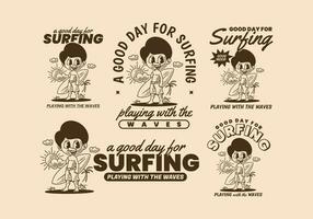 un bueno día para surf, retro ilustración de un chico en pie en el playa participación un tabla de surf vector