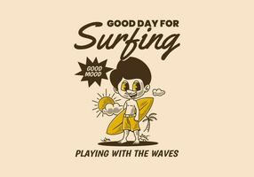 A good day for surfing, retro illustration of a boy standing on the beach holding a surfboard vector