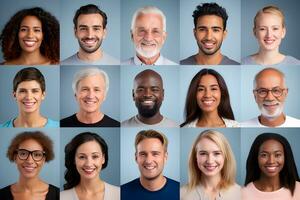 Collage of portraits and faces of smiling multiracial group of various diverse people for profile picture on grey background. Diversity concept. Generative Ai. photo