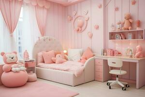 interior de pastel niño dormitorio en rosado tono con cómodo cama, armario, escritorio y muchos muñeca. generativo ai foto