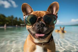 Adorable French Bulldog dog wearing sunglasses at the beach. Best friends rest and have fun on summer holiday, home pet. Generative A photo