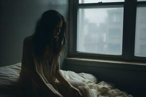 triste niña sufrimiento desde depresión sentado solo en dormitorio sensación soledad. infeliz joven mujer sentado en cama por el ventana a hogar. generativo ai foto
