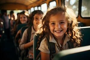 grupo de adorable Niños de escuela sentado en colegio autobús yendo a escuela. generativo ai foto