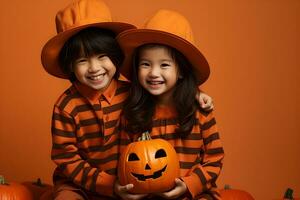 Happy children wearing Halloween costumes and hold a pumpkin in the party, studio shot, copy space. Illustration, generative Ai photo